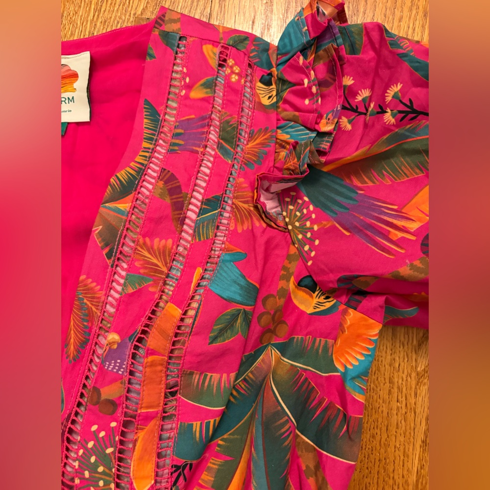 FARM Rio Macaw Party Pink Belted Puff Sleeve Romper - Picture 8 of 12